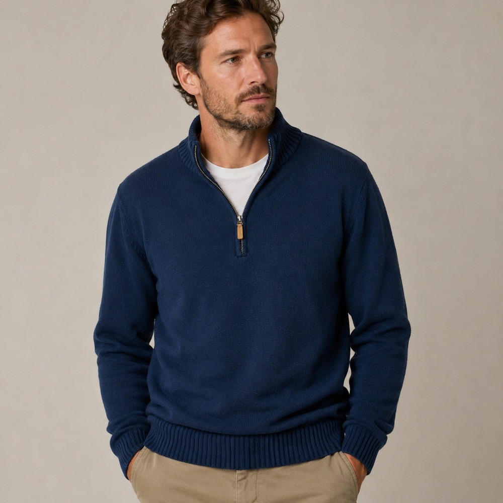 St John's Bay Quarter Zip Sweater Mens XL Navy Blue Cotton Knit Preppy Casual